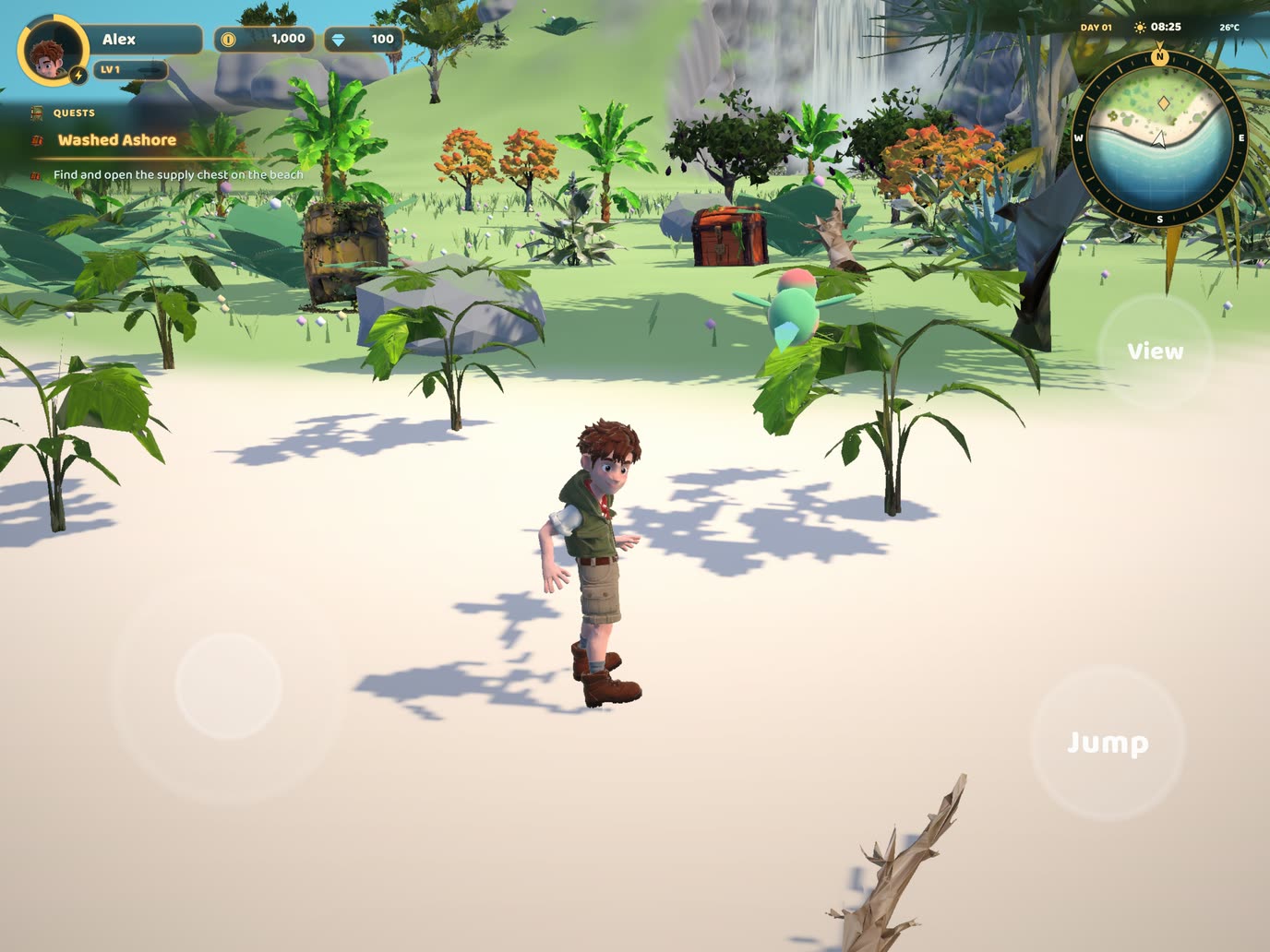 Sprouting Isle running on iPad: Alex on the beach with the quest log, minimap and touch controls
