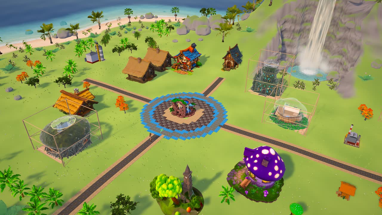 Construction sites rising around a paved plaza on the island