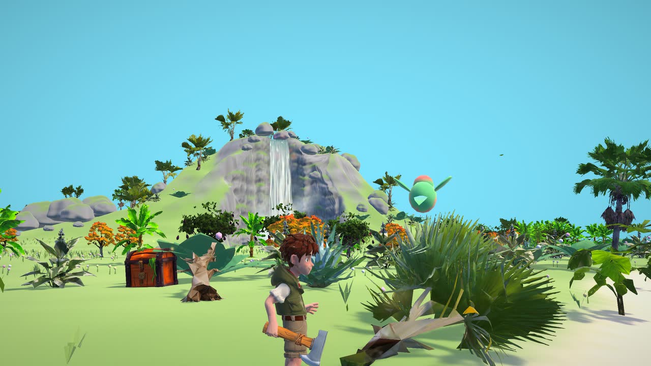 Alex swings an axe at a palm tree while Kiwi the parrot hovers nearby