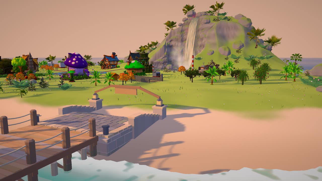 A wooden harbour reaching out from the island beach at sunset