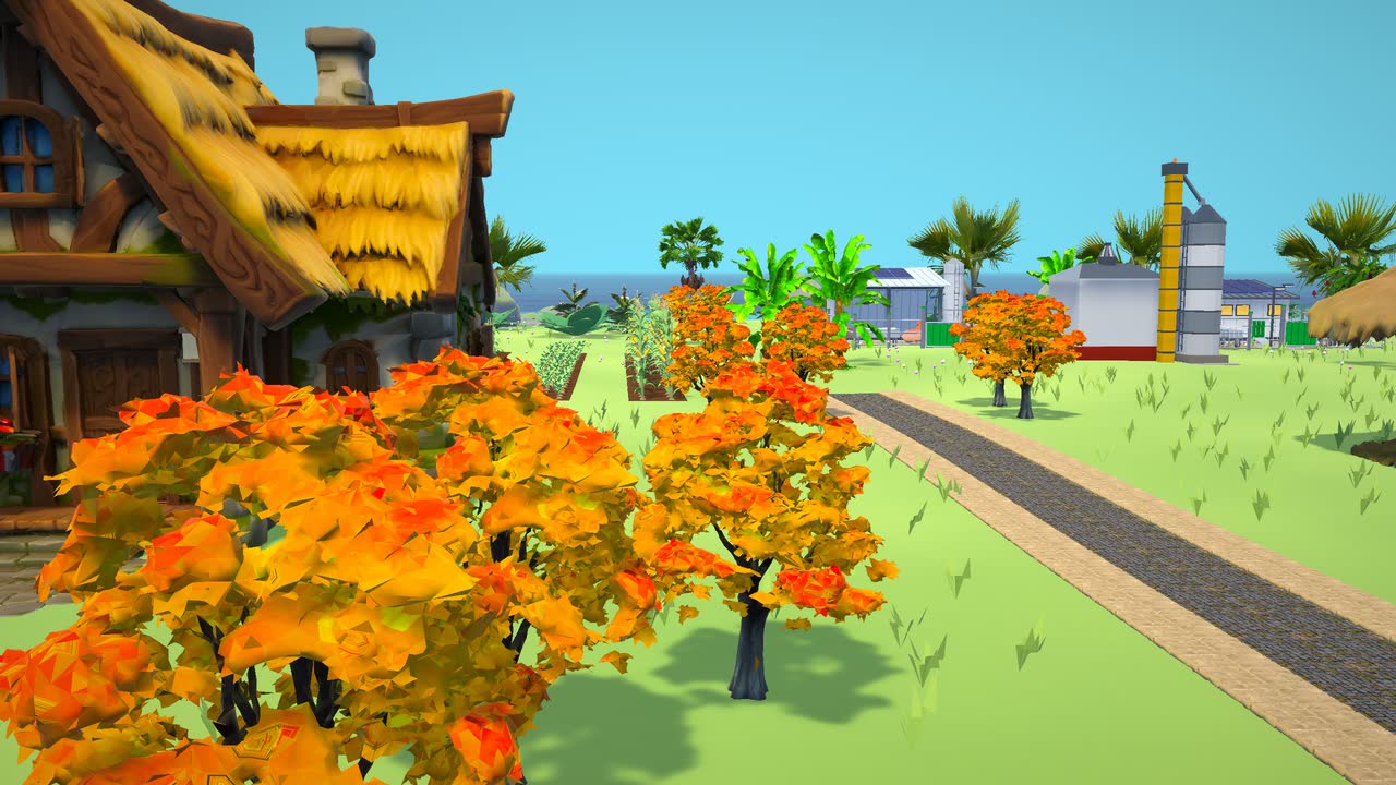 Cottages under autumn-red trees