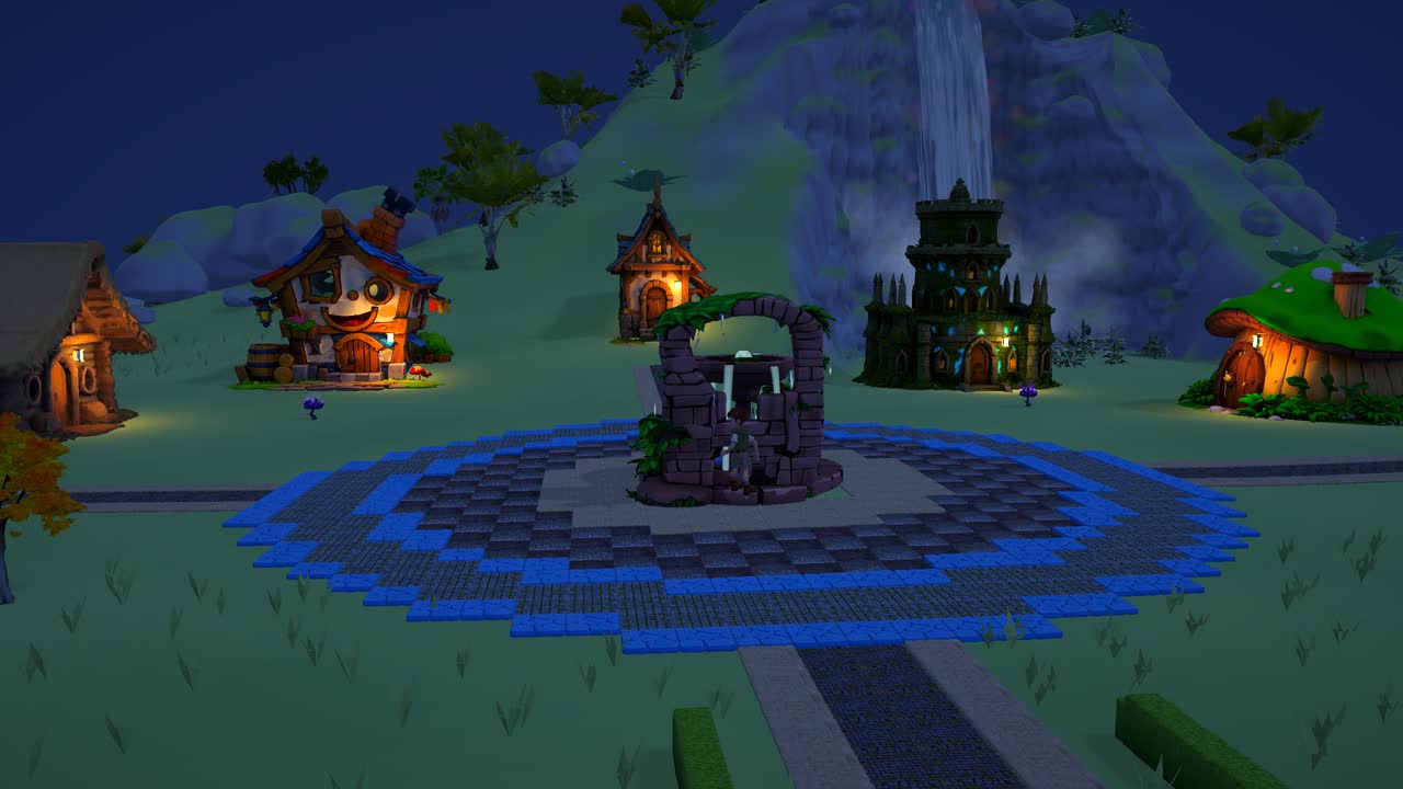 The village plaza glowing with lanterns at night